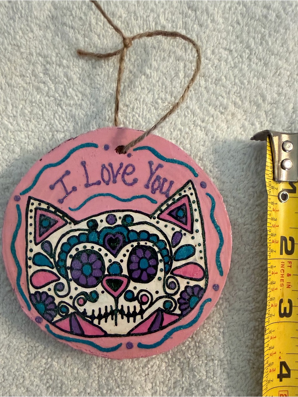 Pink Hand-Painted Sugar Skull Cat Wall Hanging - "I Love You"